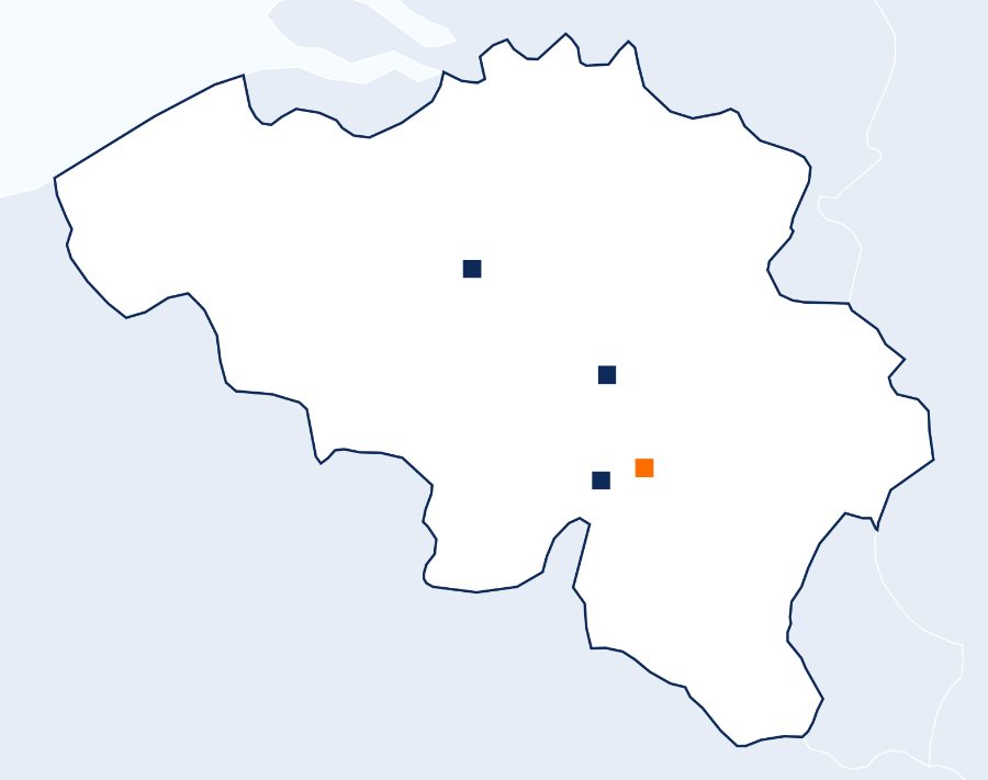 Map of Belgium showing the four Cinassur offices: Ciney, Dinant, Eghezée and Brussels