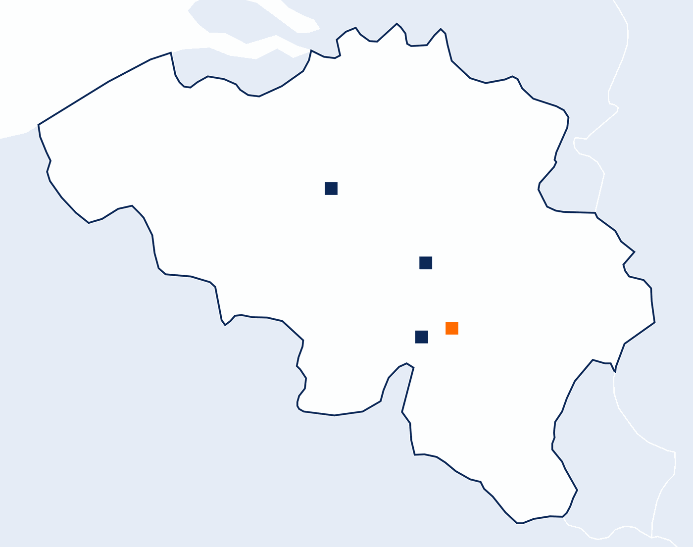 Map of Belgium showing the four offices in the group: Brussels, Eghezée, Dinant and Ciney