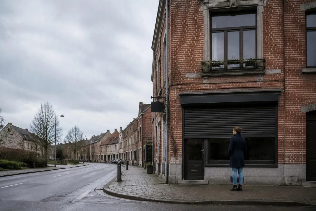 Shopkeeper standing in front of her closed shop after a loss in Belgium: the business at a standstill, covered by business interruption insurance