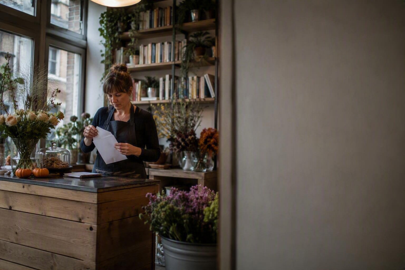 Commerçante indépendante belge ouvrant une lettre recommandée à son comptoir — le litige commence, la protection juridique prend le relais