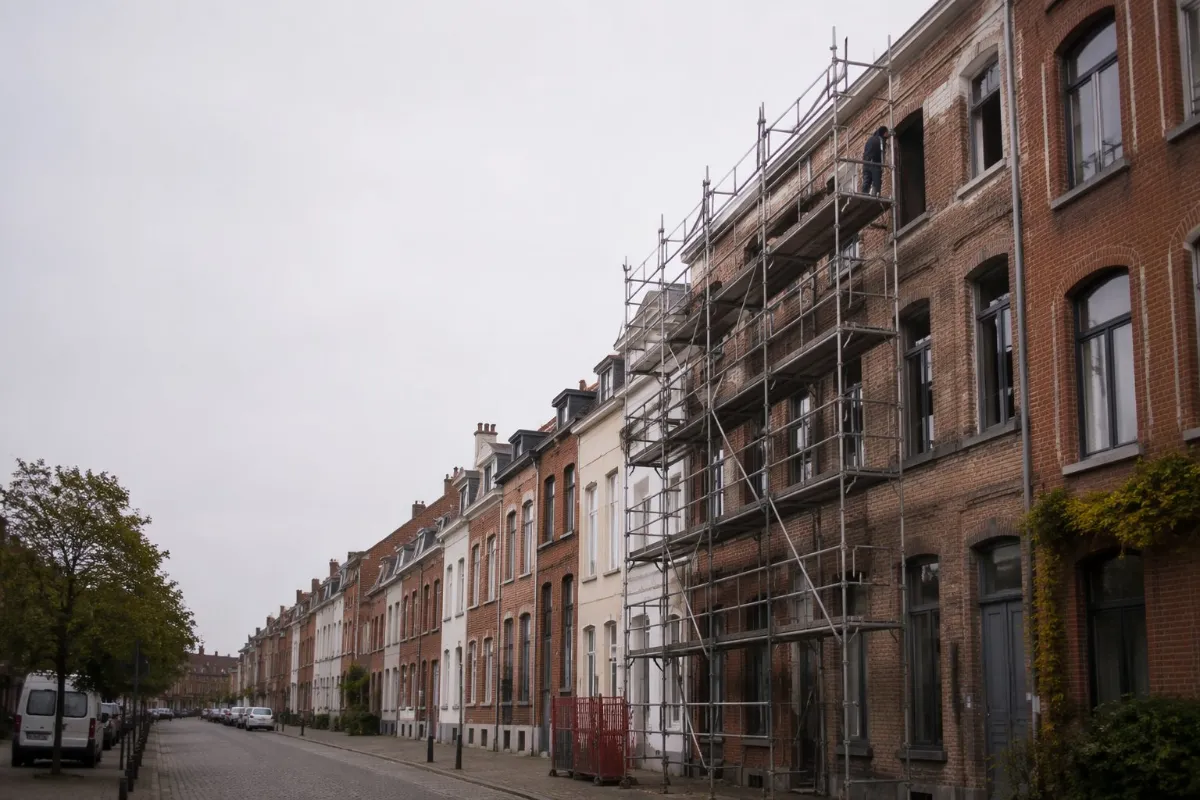 Worker on a Belgian building site at the foot of scaffolding: the physical risk of the business, covered by public liability