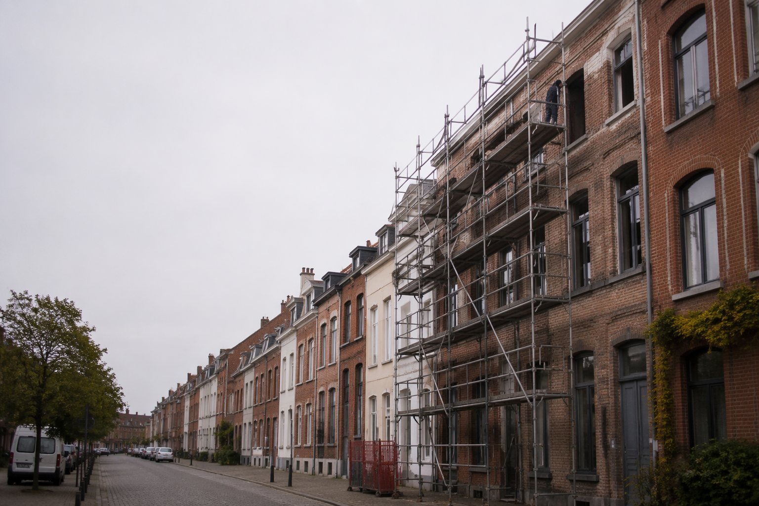 Ouvrier minuscule sur un chantier belge au pied d'un échafaudage — le risque physique de l'entreprise, couvert par la RC exploitation