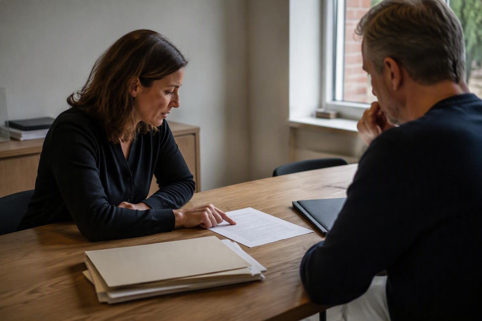 Deux personnes examinant un contrat et des documents autour d'une table — analyse d'un litige avec l'aide d'un conseil juridique